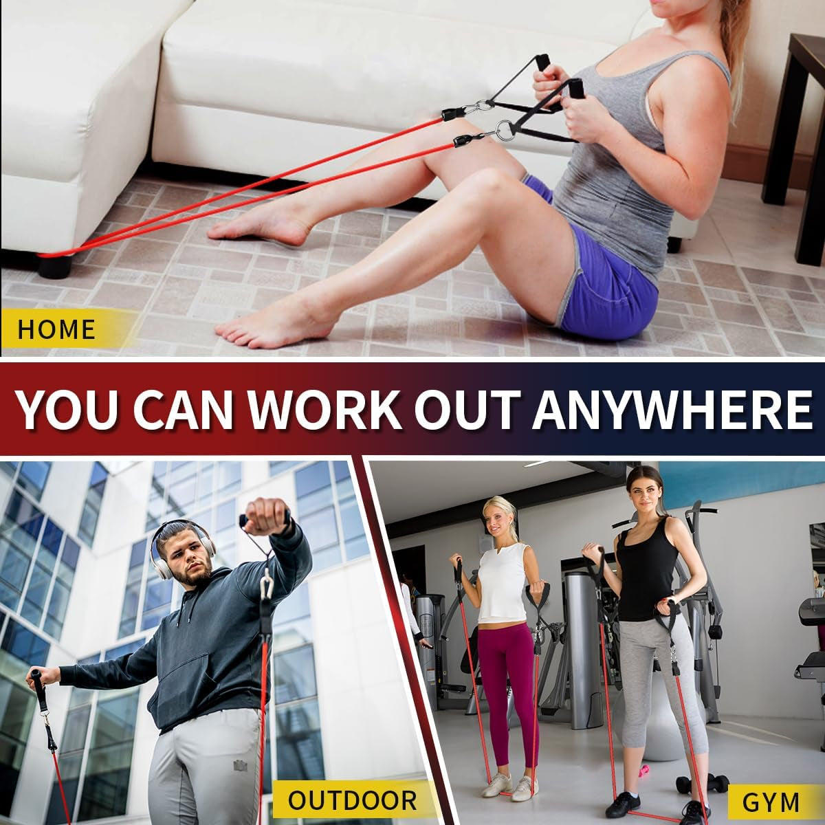Resistance Bands with Handles, 5-Level Exercise Bands for Workout | Natural Latex,10-50 Lbs, Stackable to 150,Ankle Straps, Door Anchor,Guide. for Strength, Yoga,Home Gym,Travel & Workout.
