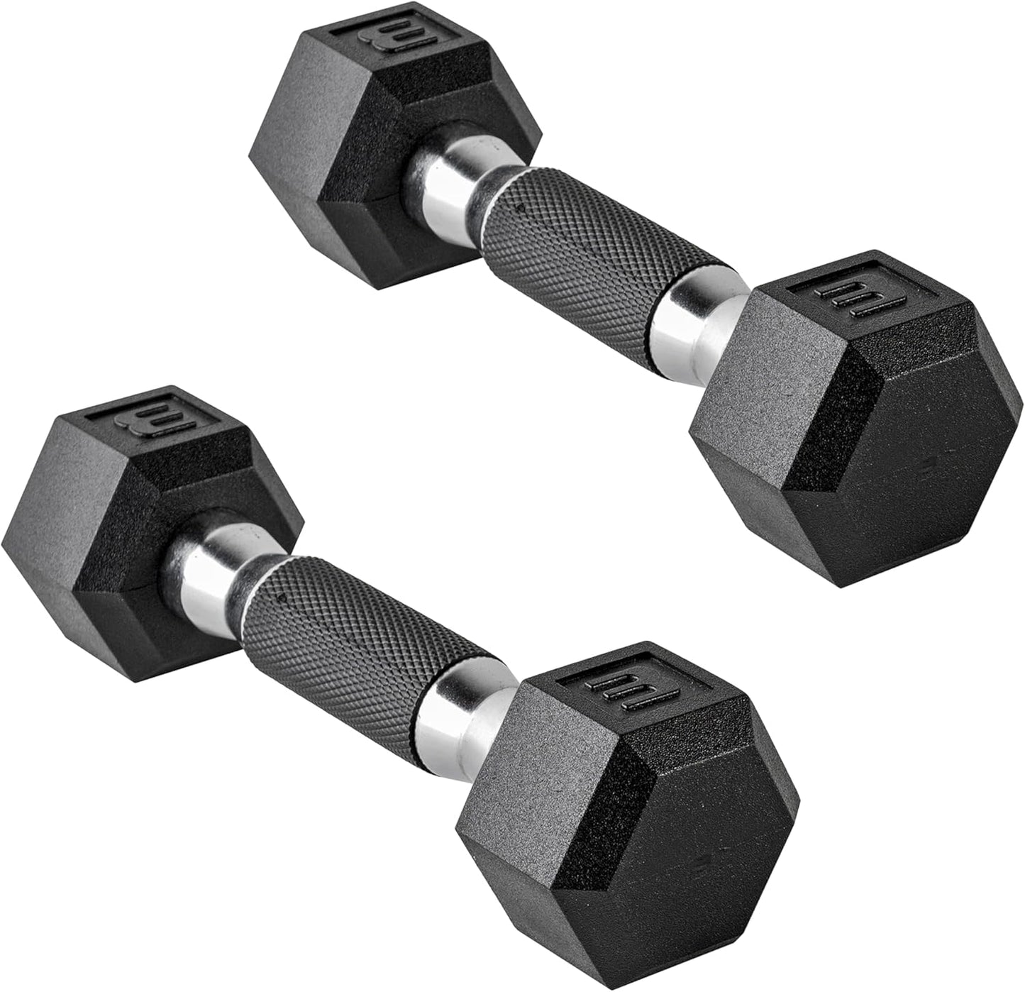Rubber Coated Dumbbell Weights, Free Weights for Home Gym Strength Training, Anti-Roll Hex Dumbbells with Black, Chrome & Comfort Grip Handles, Pairs & Sets