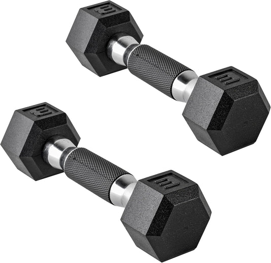 Rubber Coated Dumbbell Weights, Free Weights for Home Gym Strength Training, Anti-Roll Hex Dumbbells with Black, Chrome & Comfort Grip Handles, Pairs & Sets