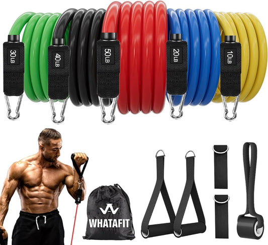 Resistance Bands with Handles, 5-Level Exercise Bands for Workout | Natural Latex,10-50 Lbs, Stackable to 150,Ankle Straps, Door Anchor,Guide. for Strength, Yoga,Home Gym,Travel & Workout.